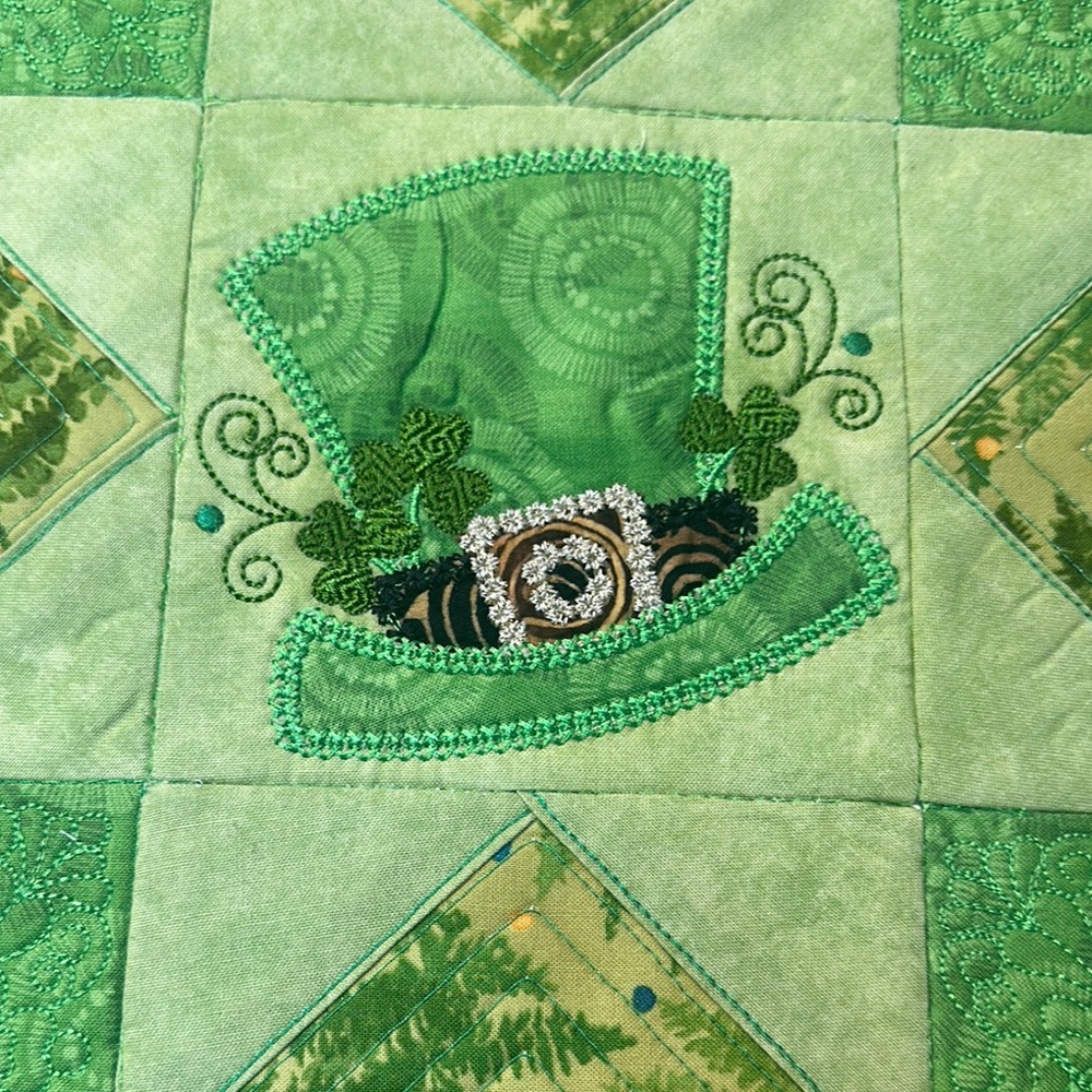 Green Quilted Fabric with Embroidered Hat Design; St. Patrick’s Day decor.